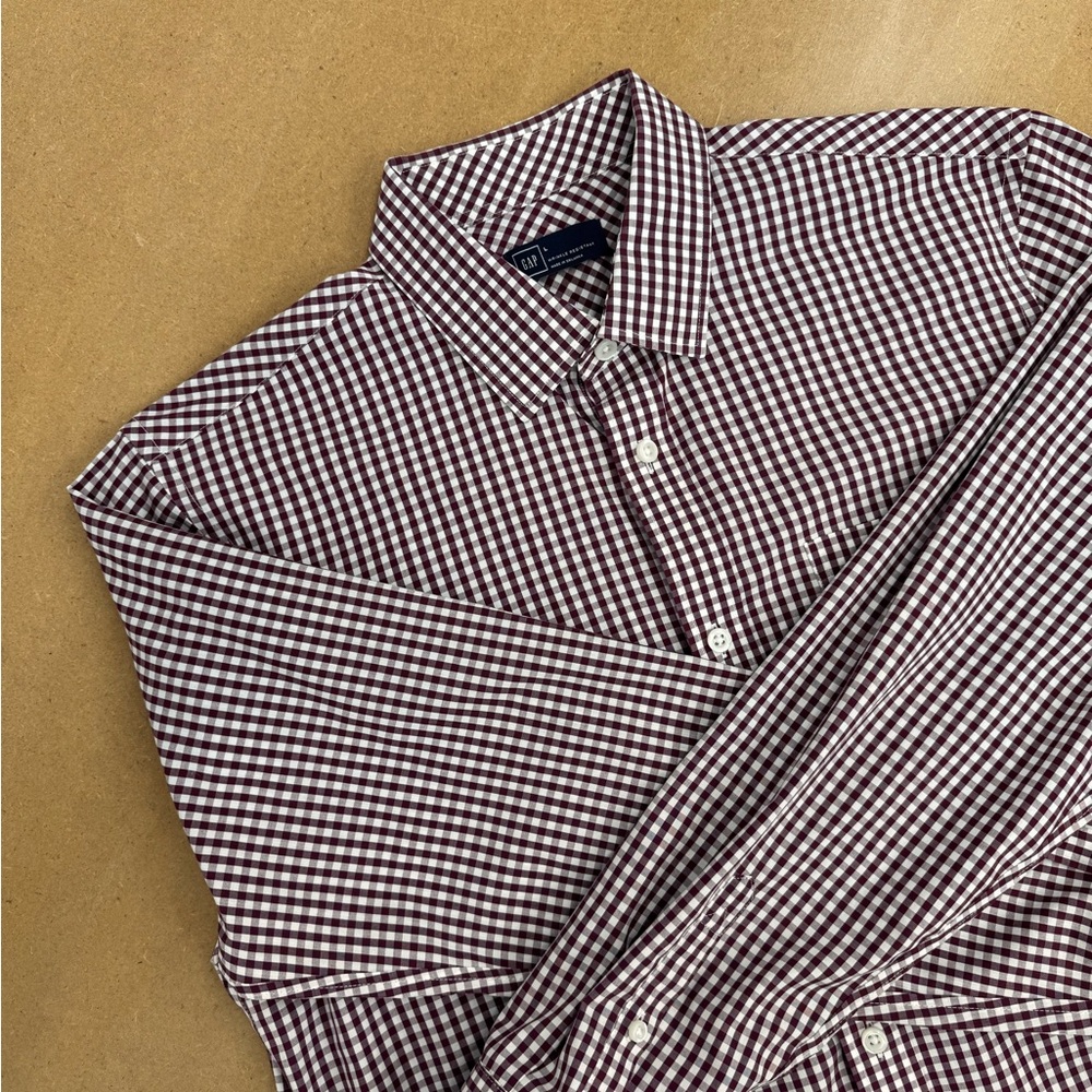 GAP Men's Burgundy and White Checkered Dress Shirt